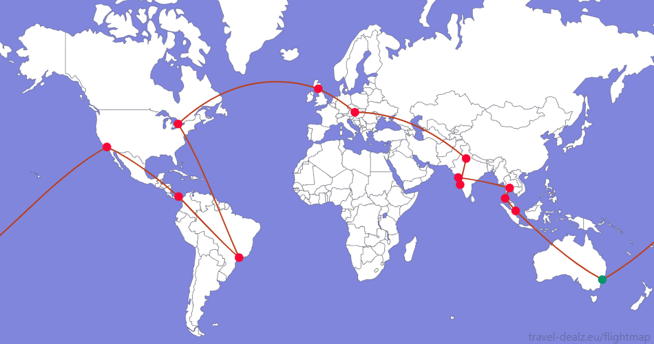 Flightmap SYD_#059669-SIN-HKT-BKK-BOM-GOI-DEL-VIE-EDI-YYZ-GRU-PTY-LAX-SYD;#BC3D1A Star Alliance YRWSPCL3 Round The World Ticket