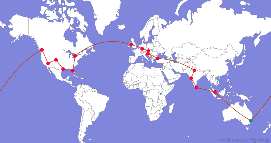 Flightmap SYD_#059669-YVR-LAS-DEN-IAH-TPA-YYZ-DUB-FRA-VIE-ZAG-IST-DEL-BOM-CMB-SIN-SYD;#BC3D1A Star Alliance YRWSTAR1 Round The World Ticket