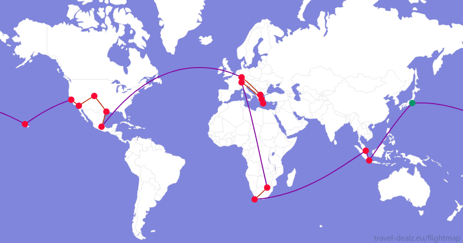 Flightmap HND_#059669-CGK-SIN-CPT;#85079E CPT-JNB;#BC3D1A,JNB-ZRH;#85079E,ZRH-ATH-HER-SKG-FRA;#BC3D1A,FRA-MEX;#85079E,MEX-IAH-DEN-PSP-SFO;#BC3D1A,SFO-HNL-HND;#85079E Star Alliance ERWSTAR2 Ticket