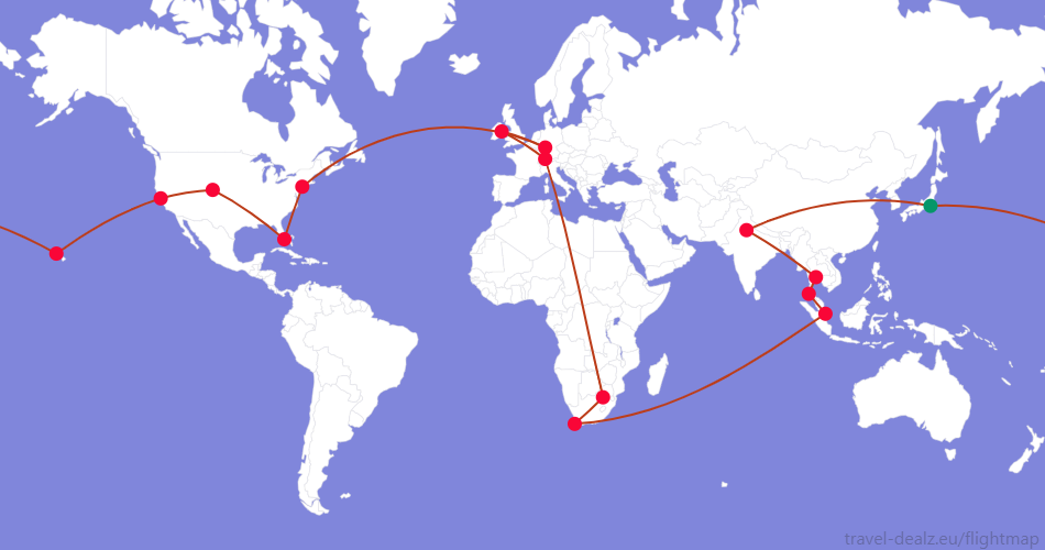 Flightmap HND_#059669-DEL-BKK-HKT-SIN-CPT-JNB-ZRH-DUB-FRA-EWR-MIA-DEN-SFO-HNL-HND;#BC3D1A Star Alliance YRWSTAR2 Ticket