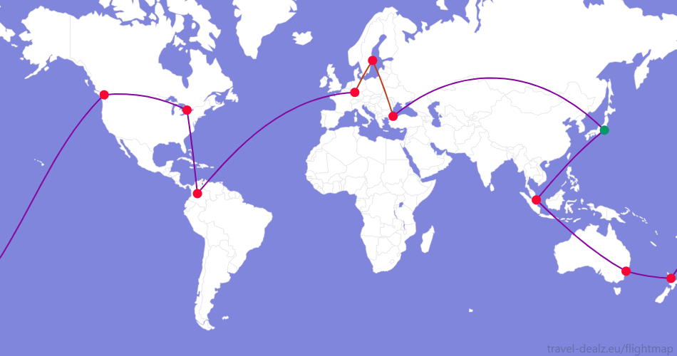 Flightmap HND_#059669-SIN-SYD-AKL-YVR-YYZ-BOG-FRA;#85079E FRA-ARN-IST;#BC3D1A,IST-HND;#85079E Star Alliance ERWSTAR2 Ticket