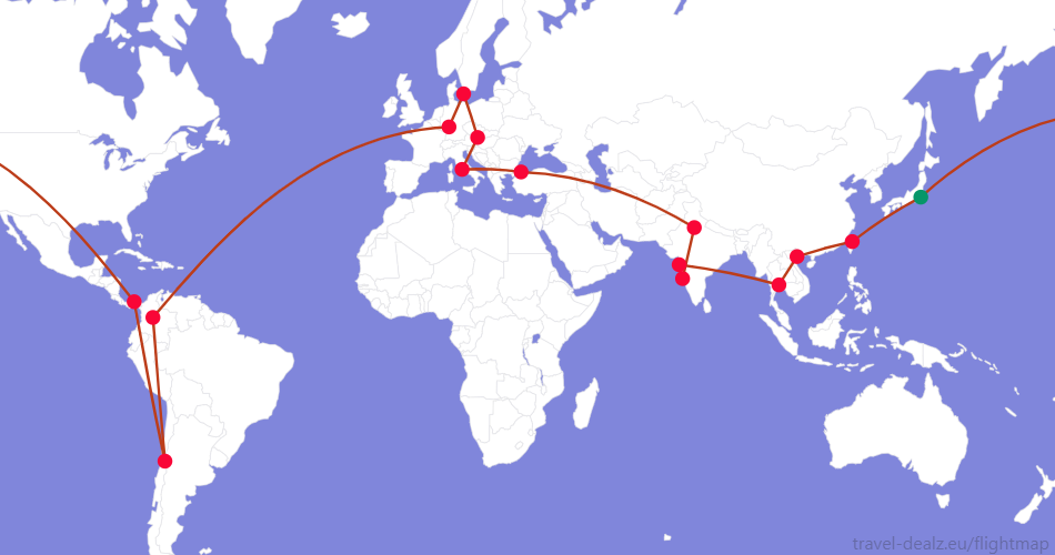 Flightmap NRT_#059669-PTY-SCL-BOG-FRA-CPH-VIE-FCO-IST-DEL-GOI-BOM-BKK-HAN-TPE-NRT;#BC3D1A Star Alliance YRWSTAR2 Ticket