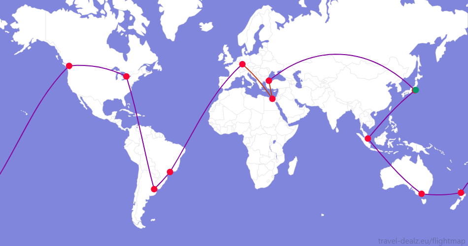 Flightmap NRT_#059669-SIN-MEL-AKL-YVR-YYZ-EZE-GRU-FRA;#85079E FRA-CAI-IST;#BC3D1A,IST-HND;#85079E Star Alliance ERWSTAR3 Ticket
