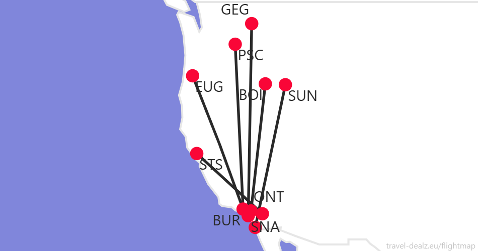 Flightmap BOI-ONT EUG-BUR-PSC,PSP-STS,SAN-SUN,GEG-SNA