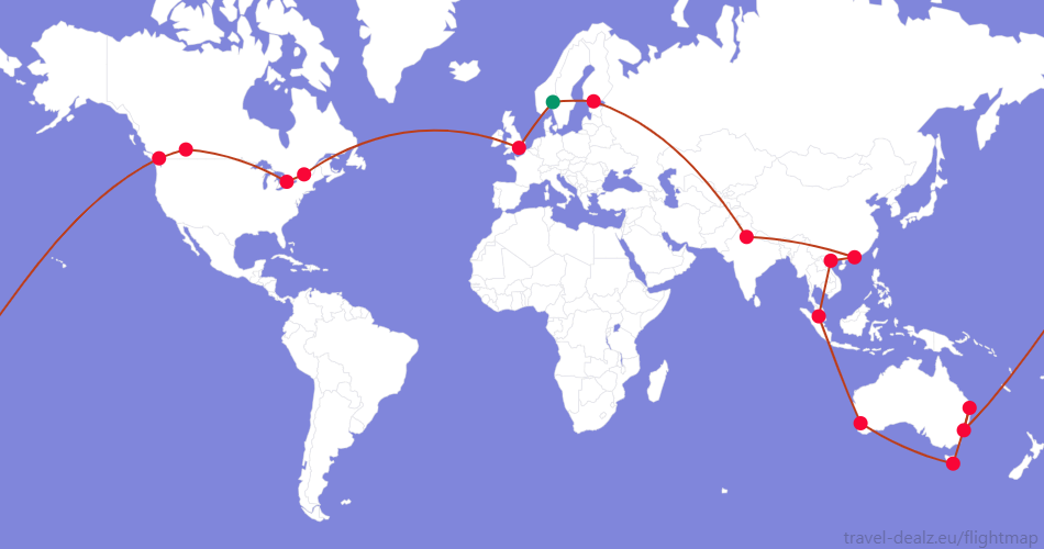 LGLOB29NO3 Oneworld LGLOB29 Round The World Ticket Example Route