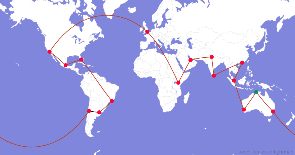 LONE6AU3 Oneworld LONE6 Round The World Ticket Example Route
