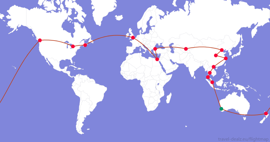 YRWSTAR2AU4 Star Alliance YRWSTAR2 Round The World Ticket Example Route