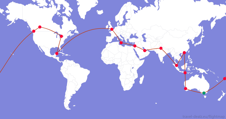 LGLOB34AU3 Oneworld LGLOB34 Round The World Ticket Example Route