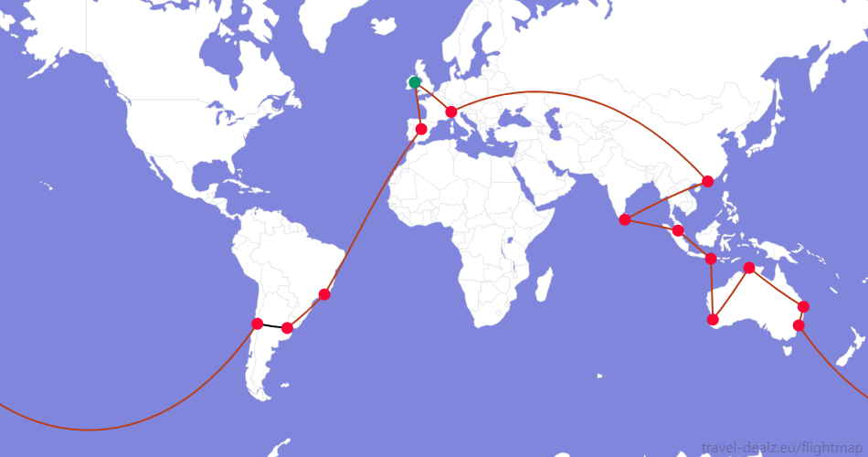 LGLOB34IE1 Oneworld LGLOB34 Round The World Flight Route