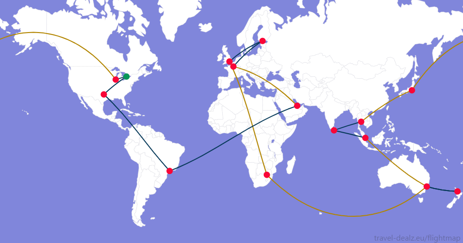 AONE6CA1 Oneworld AONE6 Round The World Ticket Example Route