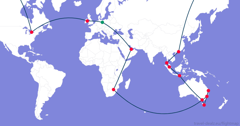 DGLOB34DE2 Oneworld DGLOB34 Global Explorer Round The World Ticket Example Route