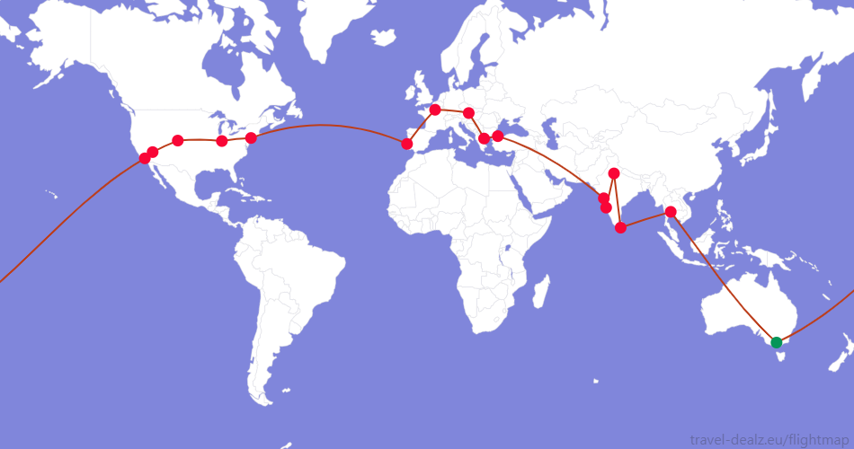 YRWSTAR1-AU5 Star Alliance YRWSTAR1 Round The World Ticket Example Route
