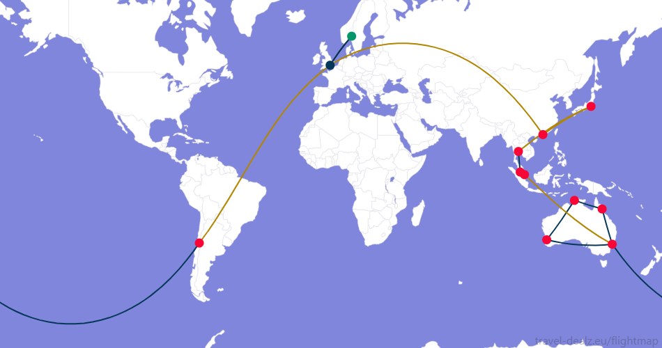 AONE4-NO2 Oneworld AONE4 Round The World Ticket Example Route