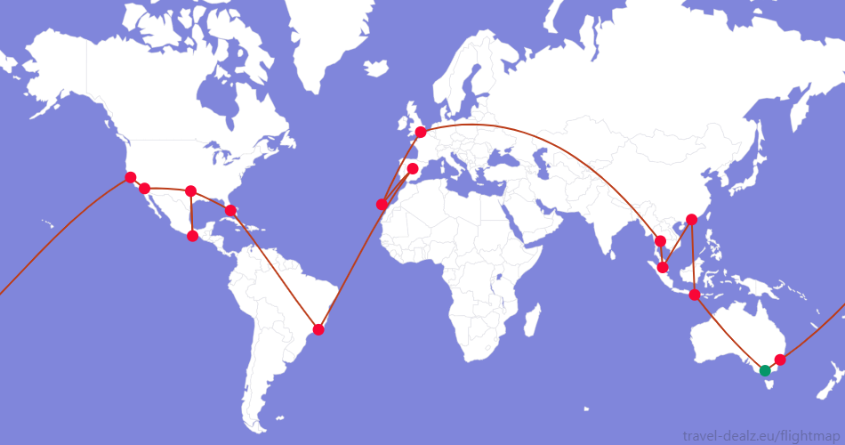 LONE5-AU3 Oneworld Explorer LONE5 Round The World Ticket Example Route