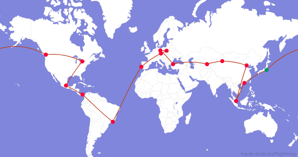 YRWSTAR2-JP3 Star Alliance YRWSTAR2 Round The World Ticket Example Route