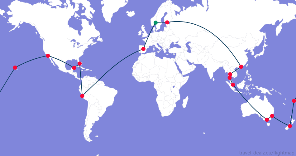 DGLOB34-NO3 Oneworld Global Explorer DGLOB34 Round The World Ticket Example Route
