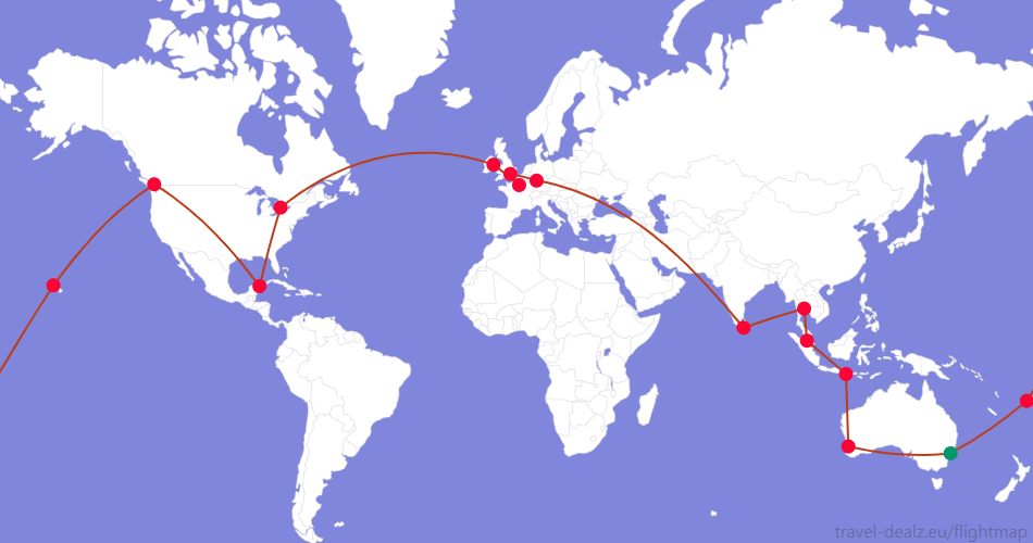 LGLOB29-AU5 Oneworld LGLOB29 Round The World Ticket Example Route