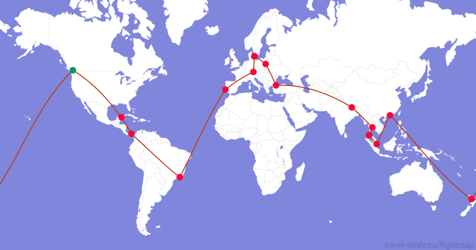 YRWSPCL3-CA3 Star Alliance YRWSPCL3 Round The World Ticket Example Route