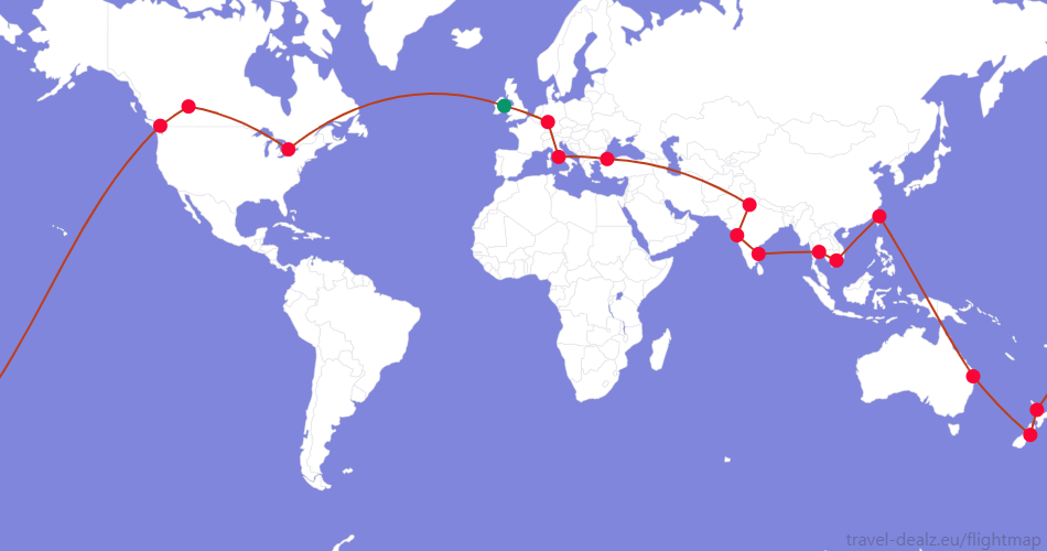 YRWSTAR1-IE3 Star Alliance YRWSTAR1 Round The World Ticket Example Route