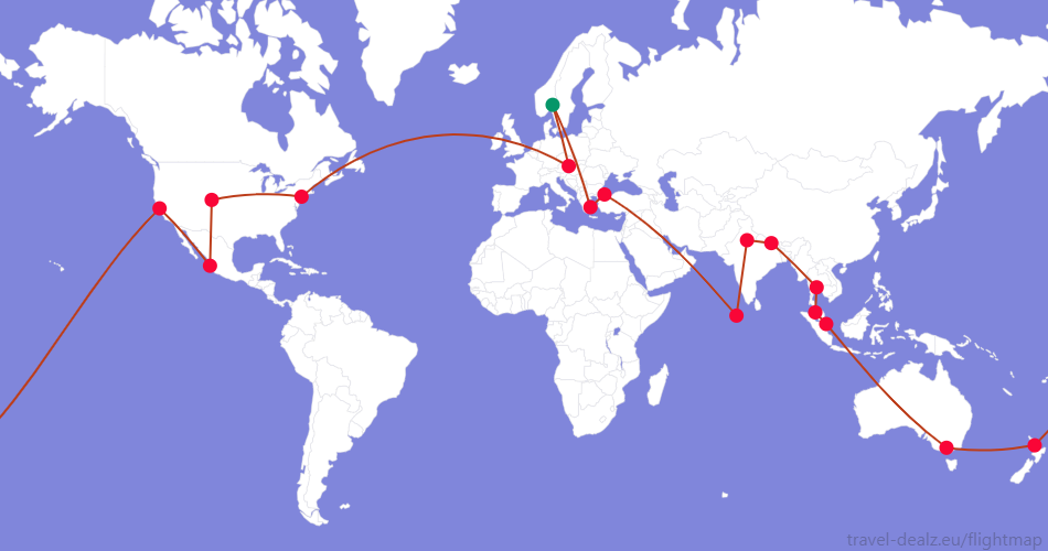 YRWSTAR2-NO5B Star Alliance YRWSTAR2 Round The World Ticket Example Route