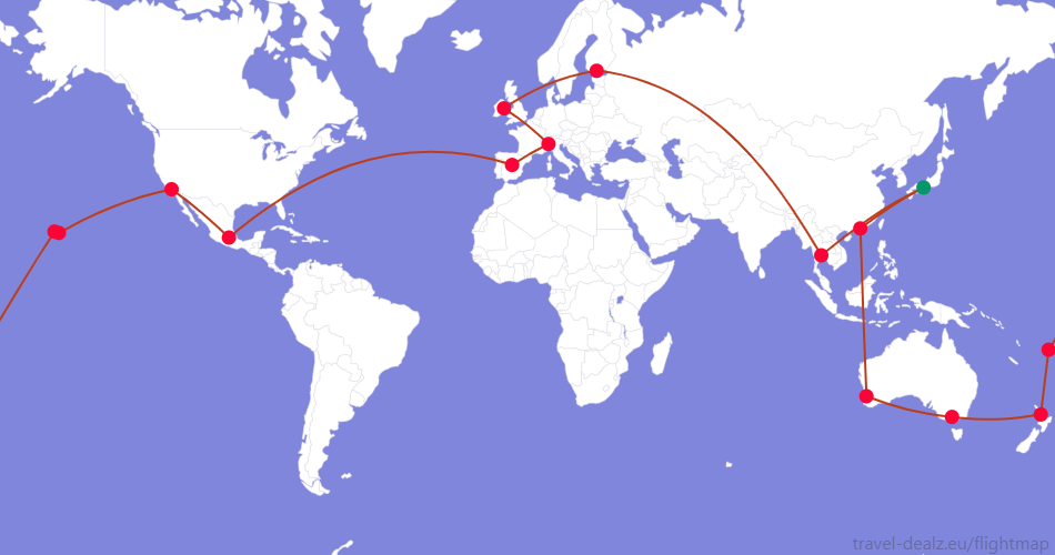 LGLOB34-JP3 Oneworld Global Explorer LGLOB34 Round The World Ticket Example Route