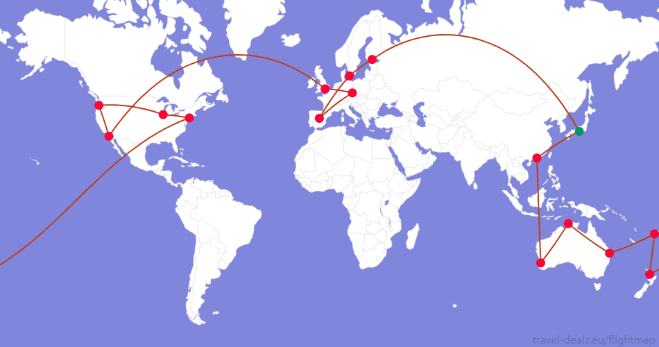 LONE4-JP3 Oneworld LONE4 Round The World Ticket Example Route