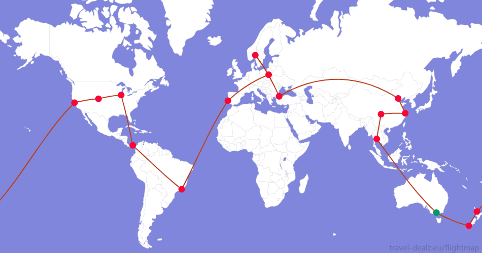 YRWSPCL3-AU3 Star Alliance YRWSPCL3 Round The World Ticket Example Route