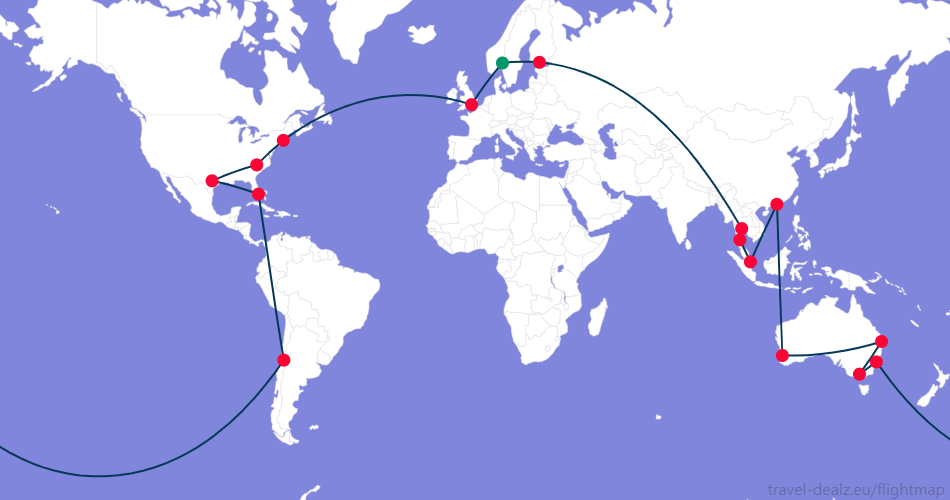 DGLOB34-NO4 Oneword Global Explorer DGLOB34 Round The World Ticket Example Route