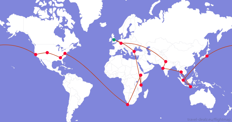 YRWSTAR3-UK5 Star Alliance YRWSTAR3 Round The World Ticket Example Route