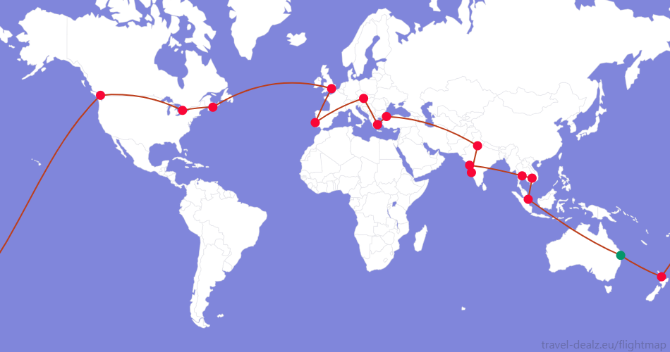 YRWSTAR1-AU6 Star Alliance YRWSTAR1 Round The World Ticket Example Route
